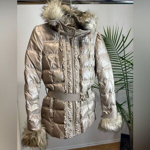 Juicy Couture shimmering champagne puffer coat with faux fur